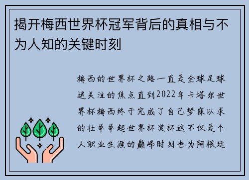 揭开梅西世界杯冠军背后的真相与不为人知的关键时刻 揭开梅西世界杯冠军背后的真相与不为人知的关键时刻